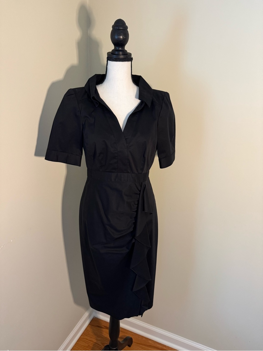Nanette Lepore Black Midi Shirt Dress with Ruffle Detail